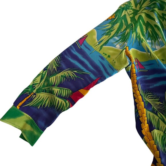 Diane Gilman Women's 100% Silk Blouse Tropical Size Medium Palm Trees, Sail Boat - Picture 10 of 15